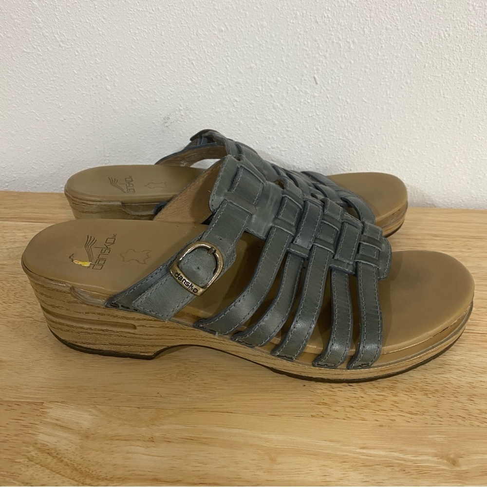 Dansko 41 Marion‎ Wedge Blue Gray Leather Slide Platform Sandals Fisherman